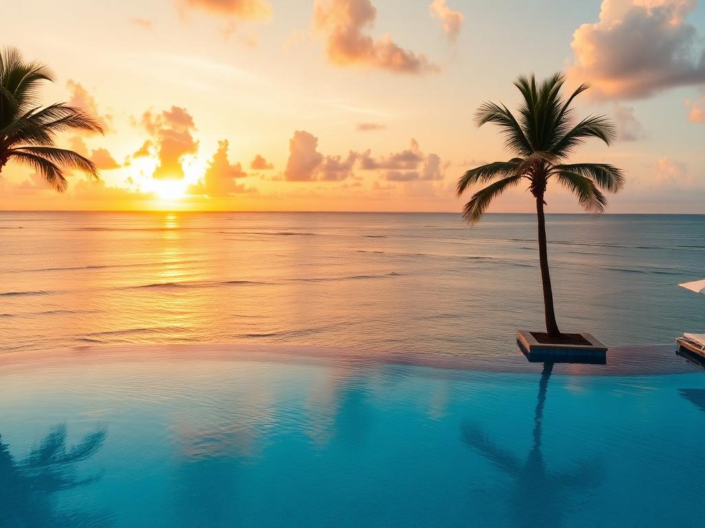 Piscina infinita frente al mar Caribe al atardecer